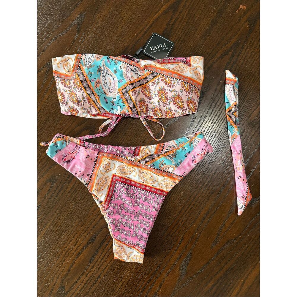 NWT Zaful Womens 2Pc Paisley Bandeau Lace Up High Waisted Bikini Set Small Large
